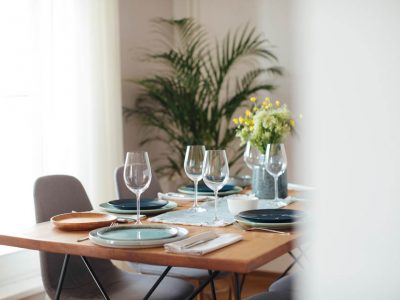 Decorated dining table for dinner party.